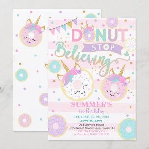 Girl Doughnut Unicorn 1st Birthday Invitation
