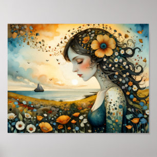 Girl dreaming of sail away on a flowers sea poster