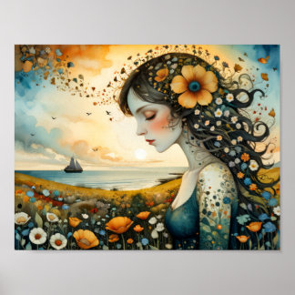 Girl dreaming of sail away on a flowers sea poster