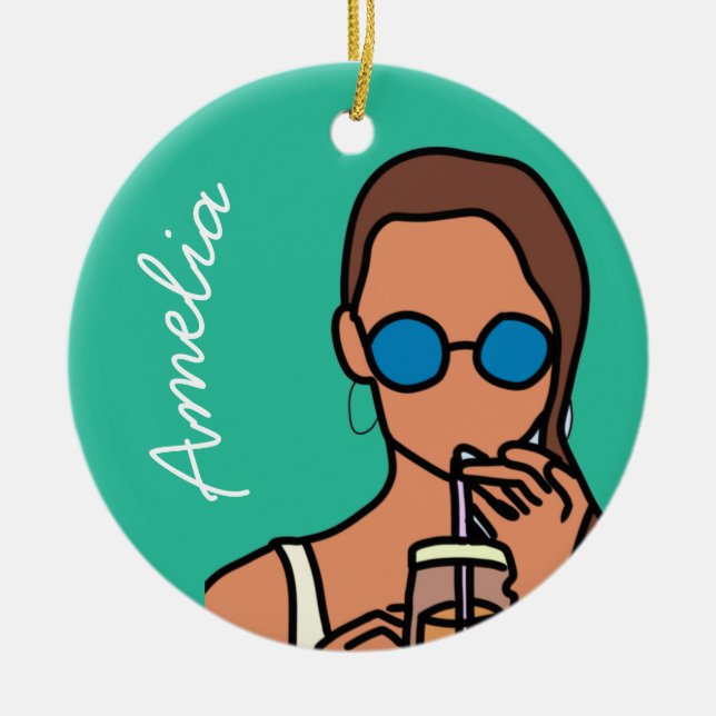 Girl drinking bubble tea modern teen ceramic ornament (Front)