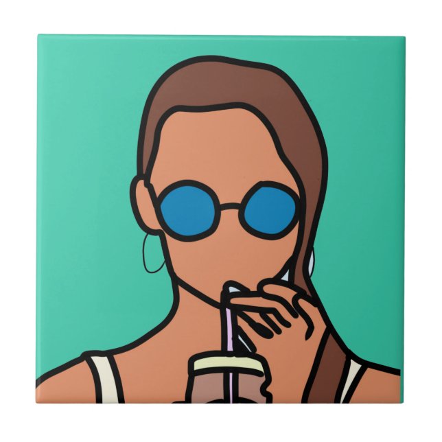 Girl drinking bubble tea modern teen ceramic tile (Front)