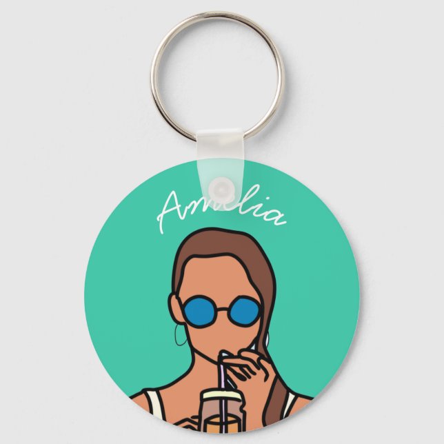 Girl drinking bubble tea modern teen key ring (Front)