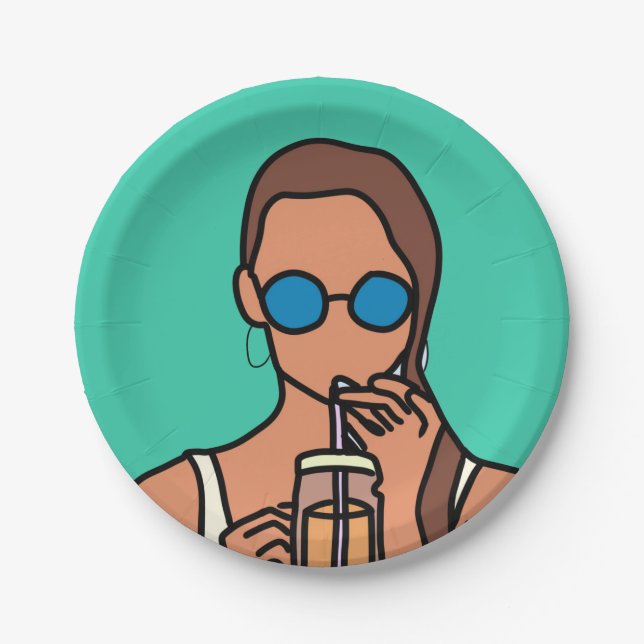 Girl drinking bubble tea modern teen paper plate (Front)