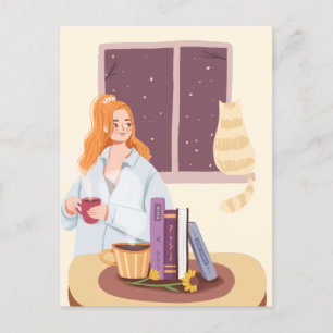 Girl Drinking Tea with cat in cosy room Postcard