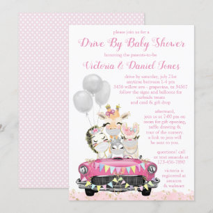 Girl Drive By Baby Shower Cute Animals in Car Invitation
