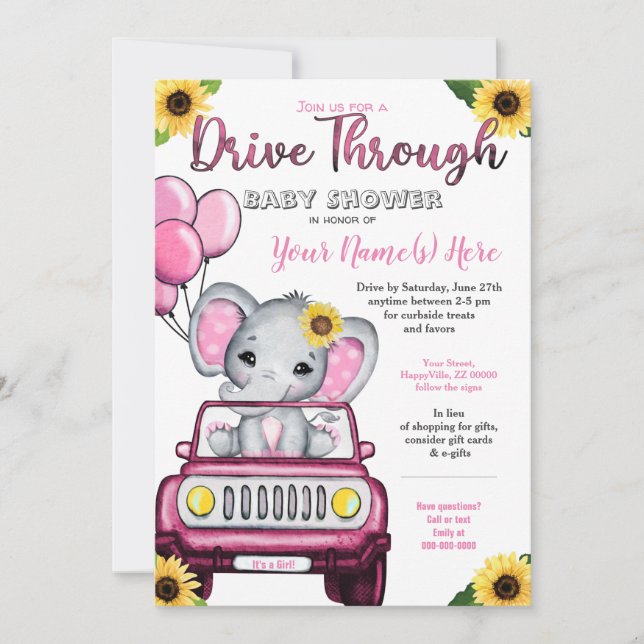 Girl Drive By Baby Shower Elephant Sunflower Invitation (Front)