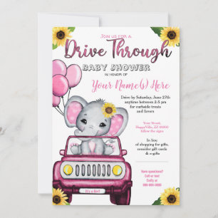 Girl Drive By Baby Shower Elephant Sunflower Invitation