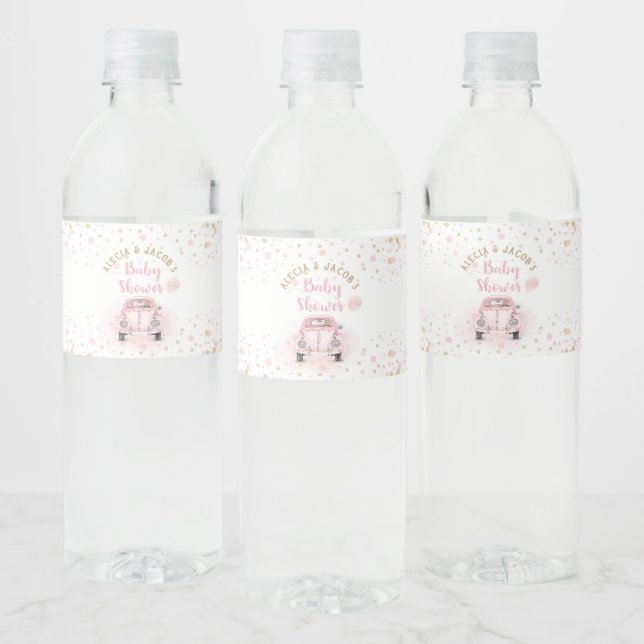 Girl Drive By Baby Shower Pink Gold Car Favour Water Bottle Label (Bottles)