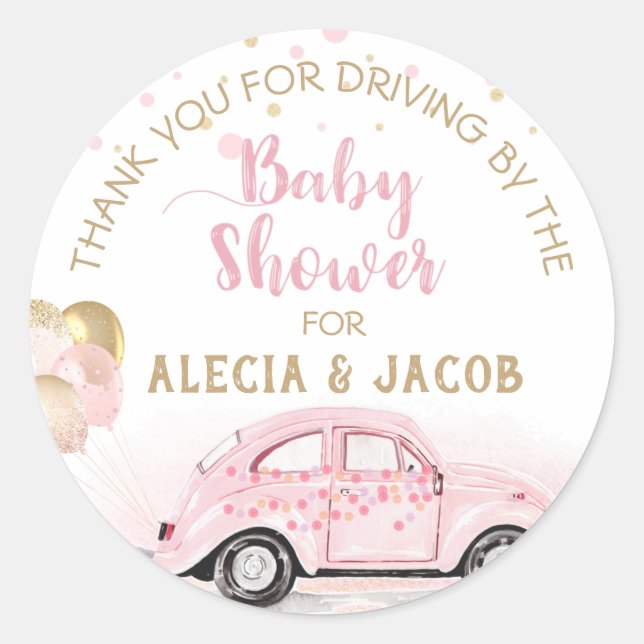 Girl Drive By Car Baby Shower Thank You Pink Gold Classic Round Sticker (Front)