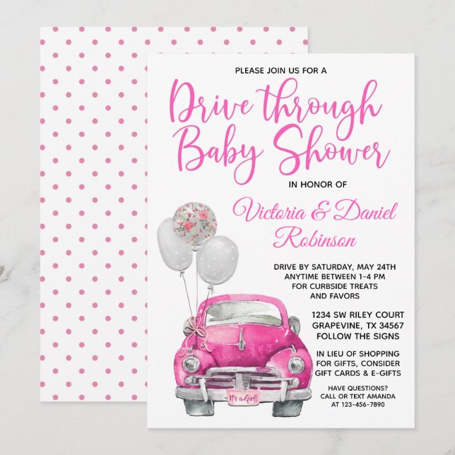 Girl Drive Through Baby Shower Car Invitation (Front/Back)