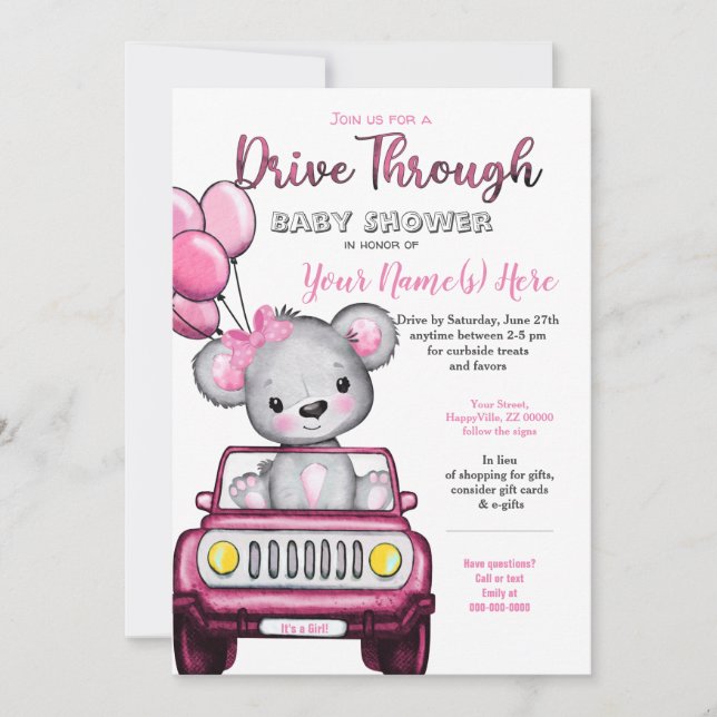 Girl Drive Through Baby Shower Teddy Bear Invitation (Front)