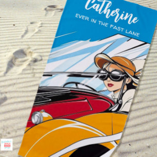 Girl Driving Fast Vintage Car Beach Towel