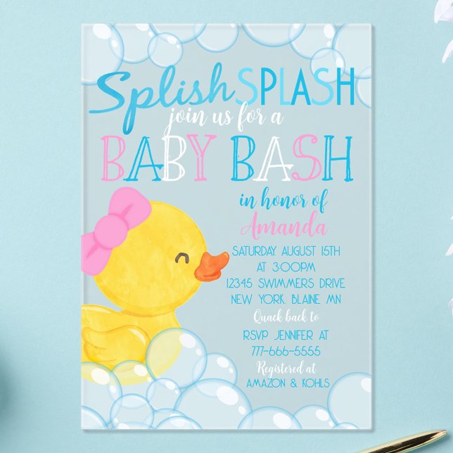 Girl Duck Baby Shower Frosted Acrylic Invitation (Girl Watercolor Rubber Duck Baby Shower Frosted Acrylic Invitations with Pink Bow)