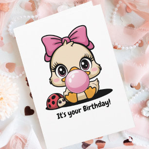 Girl Duck Blowing Pink Bubble Gum, Funny Cute Card