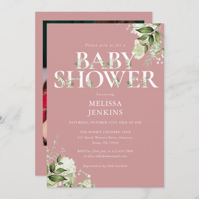 Girl Dusty Rose Pink Greenery Pink Baby Shower Invitation (Front/Back)