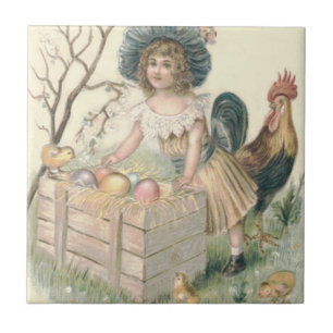 Girl Easter Chick Rooster Coloured Egg Tile