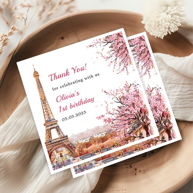 Girl Eiffel Tower Paris 1st Birthday Napkin (Creator Uploaded)