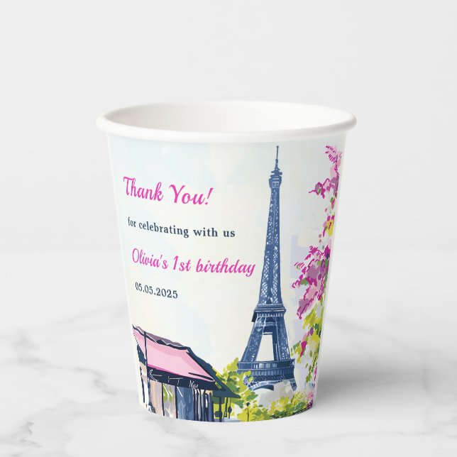 Girl Eiffel Tower Paris 1st Birthday Paper Cups (Front)