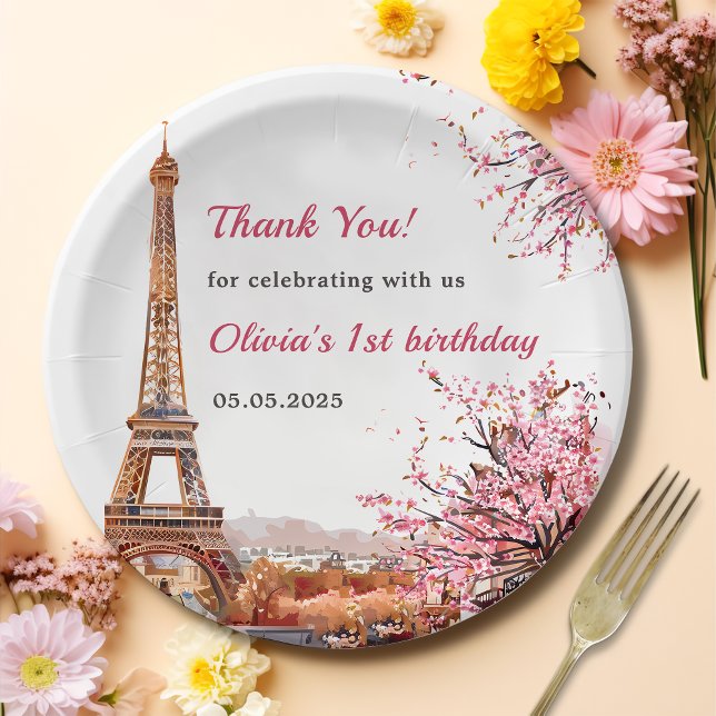 Girl Eiffel Tower Paris 1st Birthday Paper Plate (Creator Uploaded)