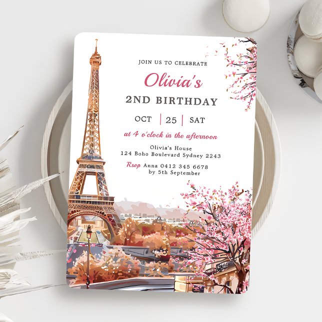 Girl Eiffel Tower Paris 2nd Birthday Party Invitation (Creator Uploaded)