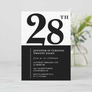 Girl Elegant 28th birthday invitation Black White 