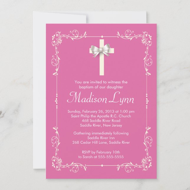 Girl Elegant Baptism | Christening Elegant Cross Invitation (Front)