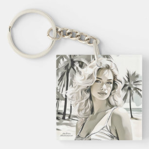 Girl Elegant in Black and White Key Ring