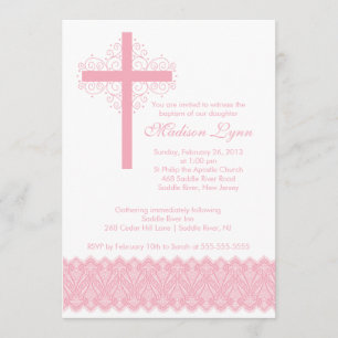 Girl Elegant Lace  Baptism   Christening Cross Invitation