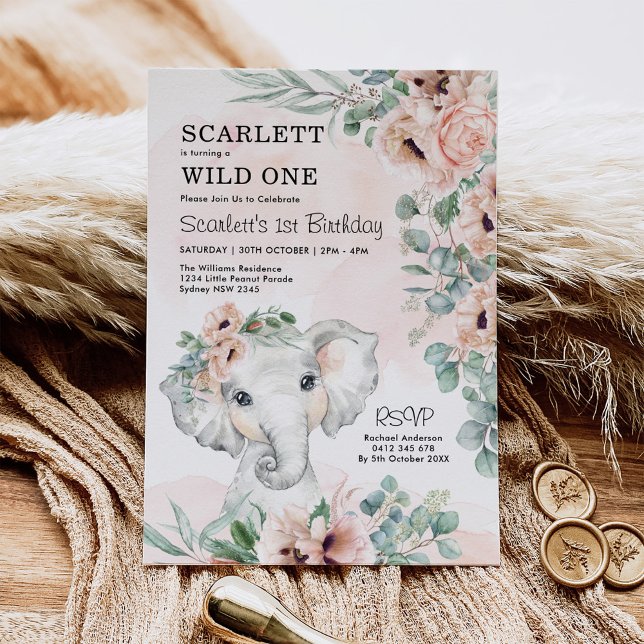 Girl Elephant 1st Birthday Blush Floral Eucalyptus Invitation (Creator Uploaded)