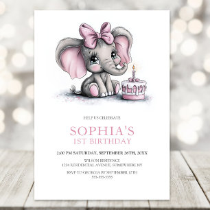 Girl Elephant 1st Birthday Party Invitation