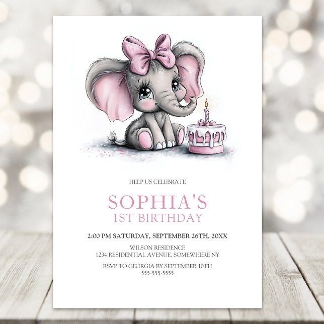 Girl Elephant 1st Birthday Party Invitation (Creator Uploaded)