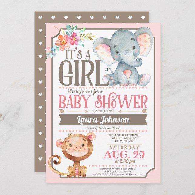 Girl Elephant and Monkey Baby Shower Invitation (Front/Back)