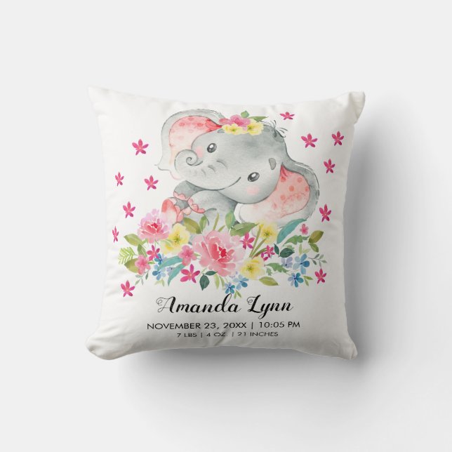GIRL Elephant Baby Birth Stats Pillow (Front)
