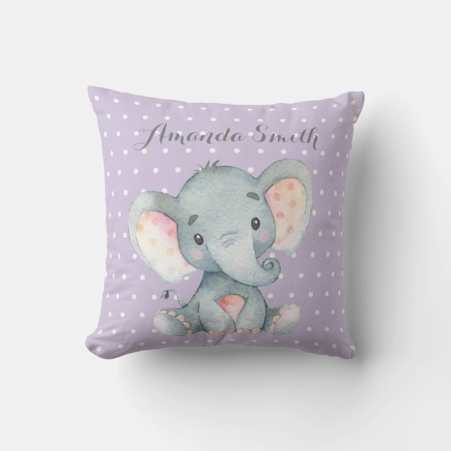 Girl Elephant Baby Purple and Grey Cushion (Front)