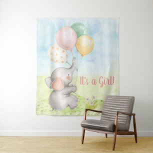 Girl Elephant Baby Shower Backdrop Tapestry
