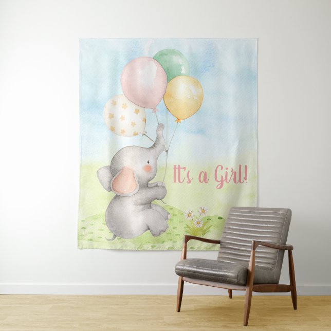 Girl Elephant Baby Shower Backdrop Tapestry (In Situ)