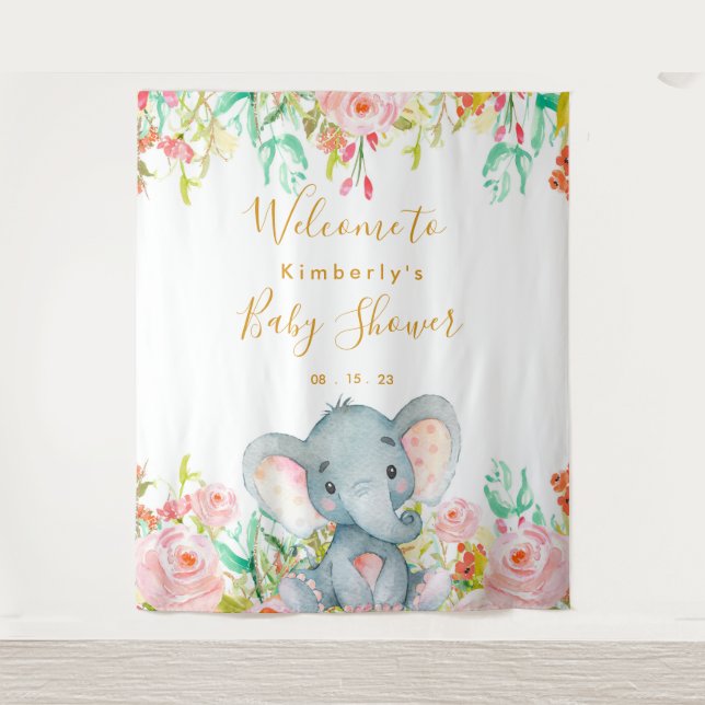 Girl Elephant Baby Shower Backdrop Tapestry (Front)