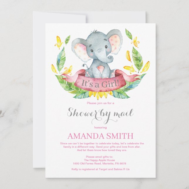 Girl Elephant Baby Shower by Mail Invitation (Front)