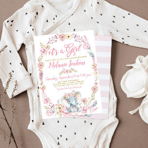 Girl Elephant Baby Shower Floral Invitation