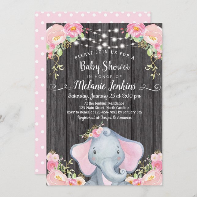 Girl Elephant Baby Shower Invitation (Front/Back)