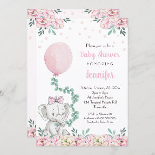 Girl Elephant Baby Shower Invitation Balloons