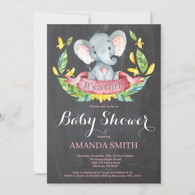 Girl Elephant Baby Shower Invitation Chalkboard (Front)