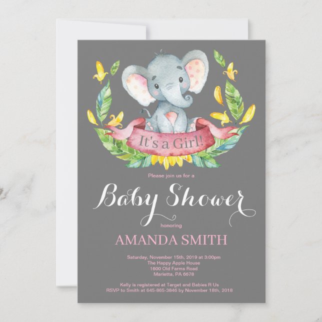 Girl Elephant Baby Shower Invitation Pink and Grey (Front)