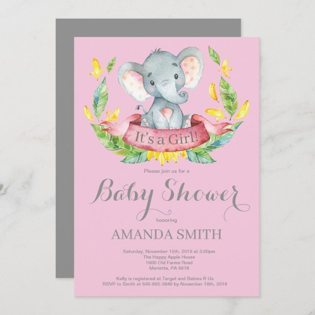 Girl Elephant Baby Shower Invitation Pink and Grey (Front/Back)