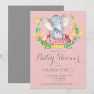 Girl Elephant Baby Shower Invitation Pink and Grey