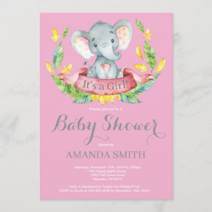 Girl Elephant Baby Shower Invitation Pink and Grey