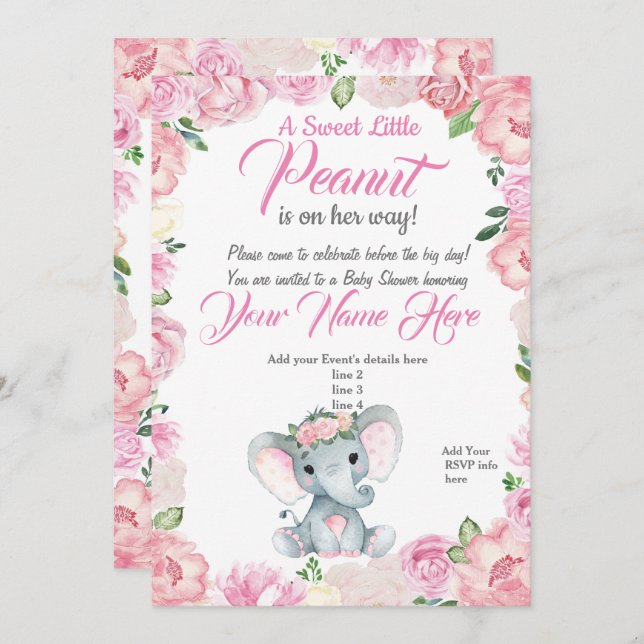Girl Elephant Baby Shower Invitation roses pink (Front/Back)