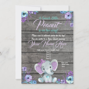 Girl Elephant Baby Shower Invitation, rustic, teal Invitation