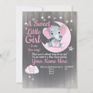 Girl Elephant Baby Shower Invitation Stars Moon 