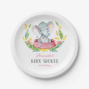 Girl Elephant Baby Shower Pink and Gray Paper Plate